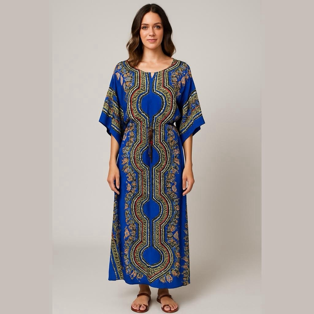 Boho Chic Diashiki Afrocentric Kaftan Flowy Batwing Sleeve Artsy Goddess Dress